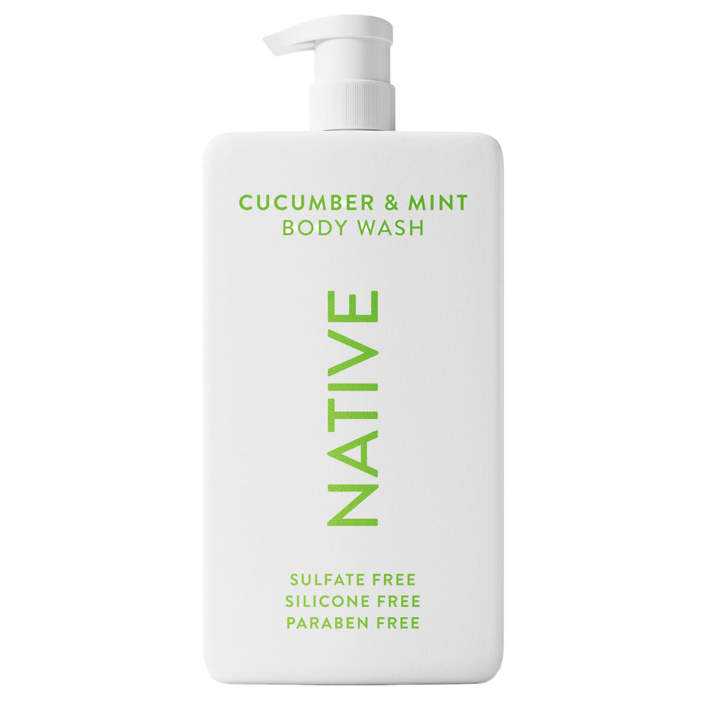 Botella Native pepino-menta para baño sin sulfatos, sensación limpia y fresca.