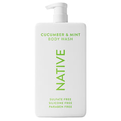 Botella Native pepino-menta para baño sin sulfatos, sensación limpia y fresca.