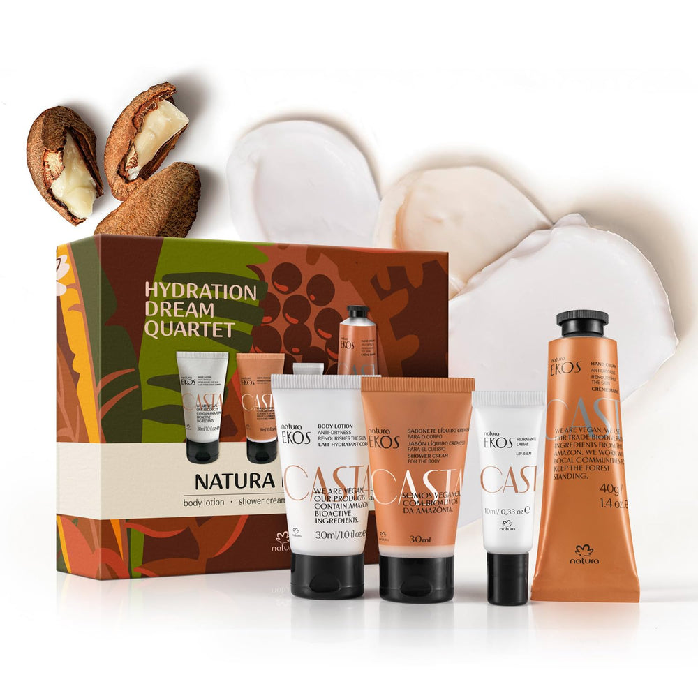 Natura Castanha: conjunto mini en caja frontal, ideal para viaje y cuidado diario.