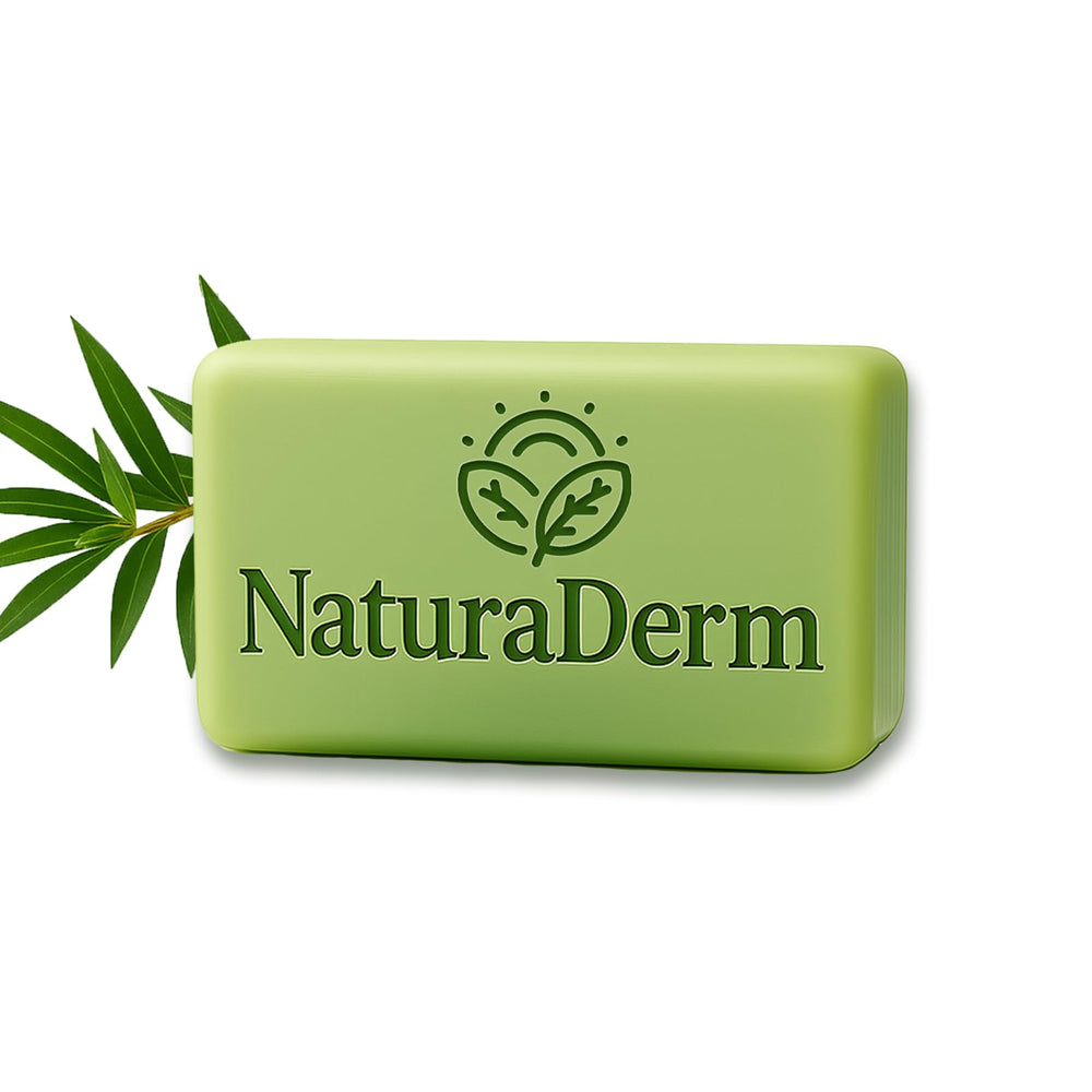 Natura Derm Jabon Facial con aceite de árbol de té, limpia y cuida piel sensible.