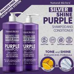 Natural Riches acondicionador morado, etiqueta visible, cabello suave y sedoso.