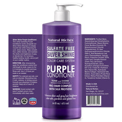 Natural Riches champú morado, etiqueta visible, realza brillo y cuida el color.