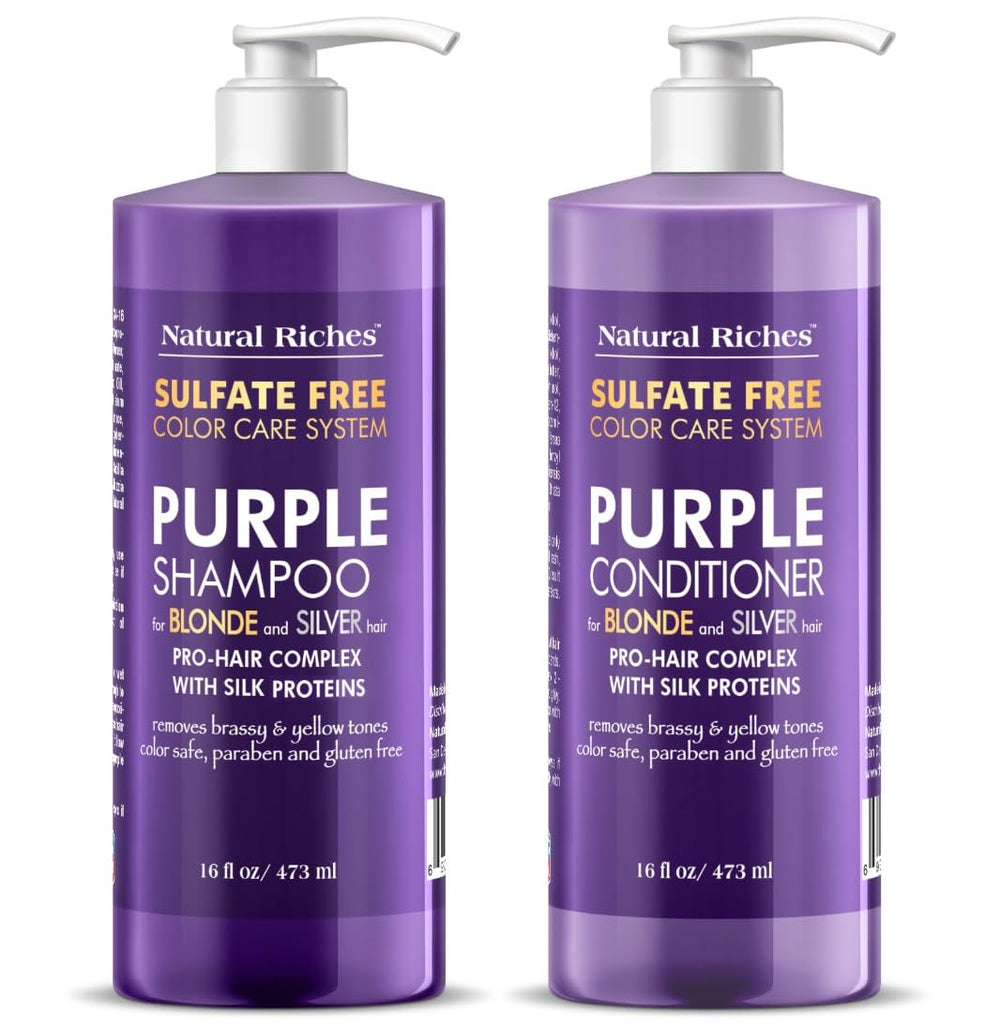 Natural Riches Purple Shampoo close-up bottle for brassy tone neutralization.