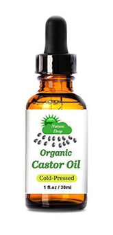 Nature Drop Aceite de Ricino Orgánico en botella con protección UV, ideal para cuidado diario de la piel.