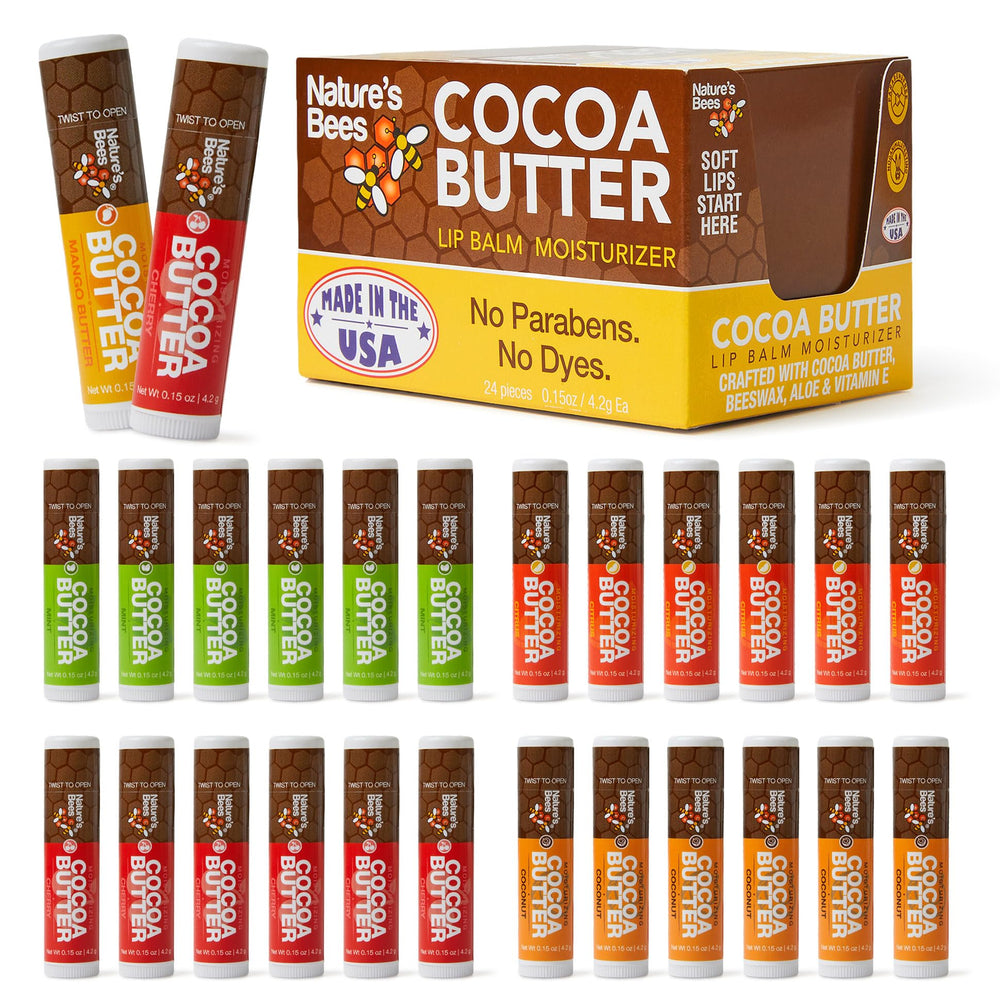 Nature's Bees Cocoa Butter Lip Balm Citrus tube provides long-lasting moisture.