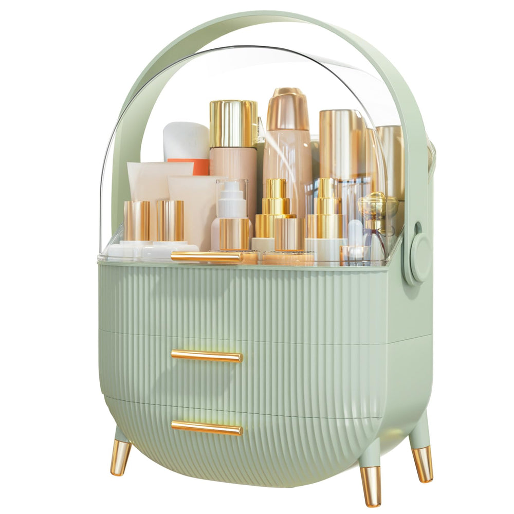 NestOrganix: organizador de maquillaje con tapa transparente y mango dorado para exhibir productos.