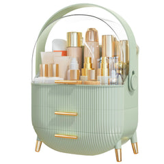 NestOrganix: organizador de maquillaje con tapa transparente y mango dorado para exhibir productos.