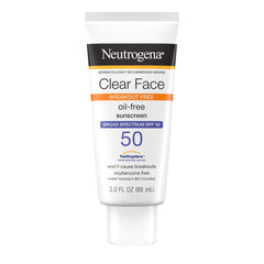 Neutrogena Clear Face Sunscreen, envase compacto para uso diario con protección SPF 50.
