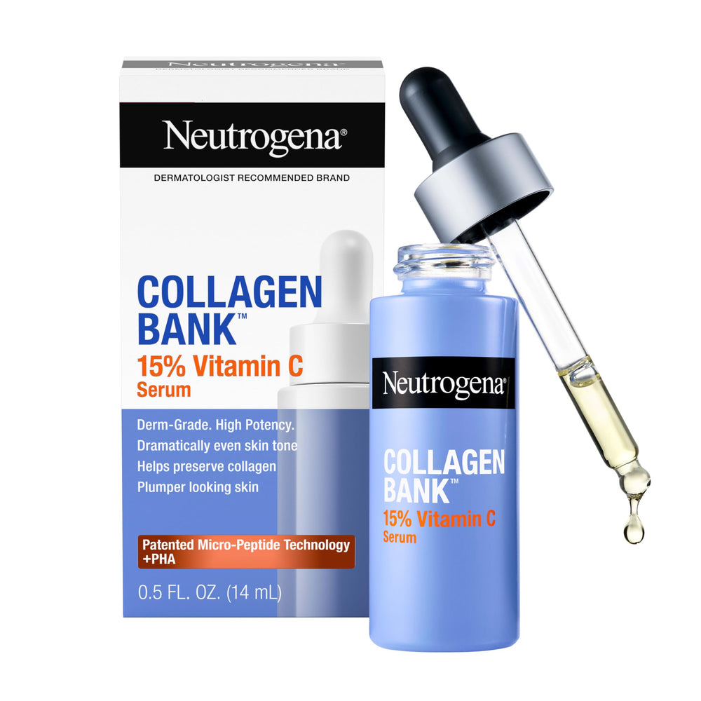 Suero Neutrogena Collagen Bank 15% Vitamina C, frasco frontal, brillo instantáneo.