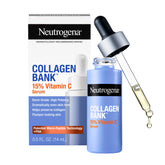 Suero Neutrogena Collagen Bank 15% Vitamina C, frasco frontal, brillo instantáneo.