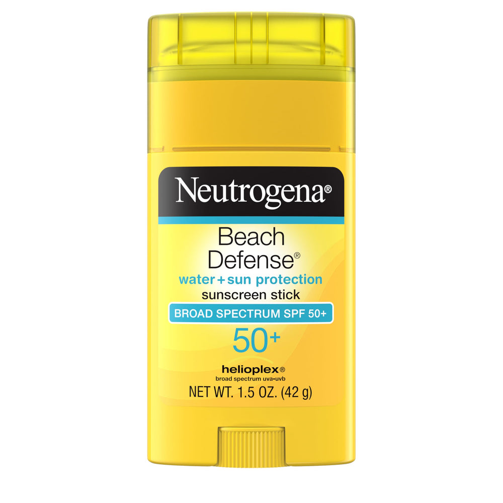 Neutrogena Beach Defense Stick SPF50 listo para playa, protección rápida para rostro y cuerpo.
