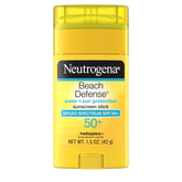 Neutrogena Beach Defense Stick SPF50 listo para playa, protección rápida para rostro y cuerpo.
