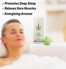 New Miuz bomba de baño cáñamo-shea-epsom para hidratación y confort muscular.