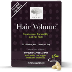 New Nordic Hair Volume Tablets bottle front showing product designed to support fuller hair.