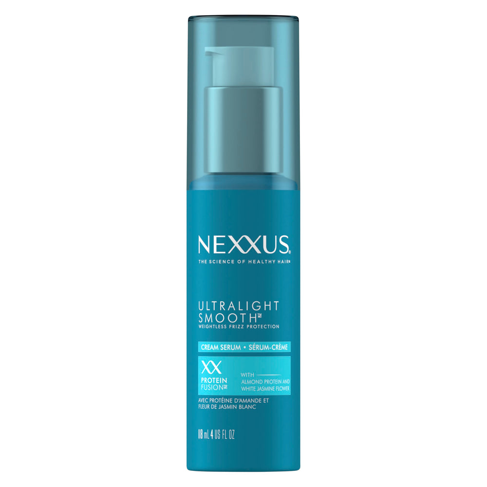 Nexxus Ultralight Smooth Frizz Defy Serum, botella, muestra control del encrespamiento sin pesadez.