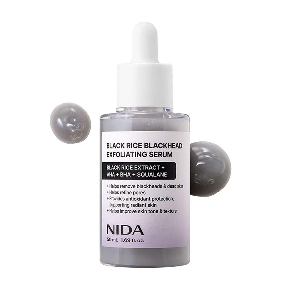 NIDA Arroz Negro Exfoliante Suero, bote frontal; piel más clara y radiante.