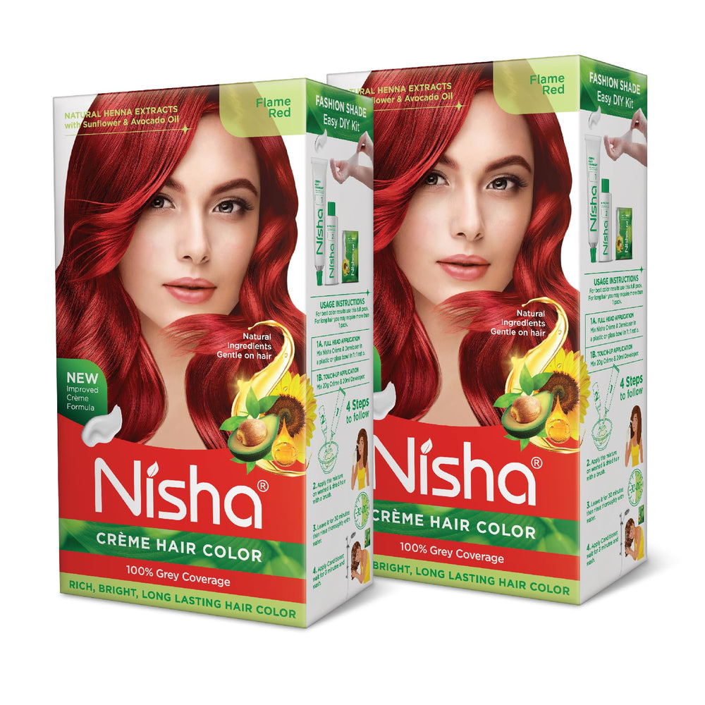 Nisha crema coloración cabello, empaque con dos botellas para uso en casa