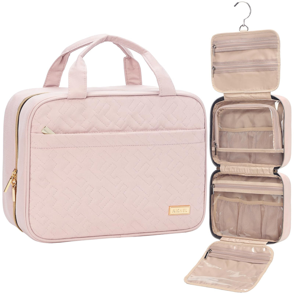 NISHEL bolso higiene de viaje rosado abierto con compartimentos para cosméticos