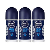 NIVEA Men Fresh Active roll-on bottle close-up with refreshing scent and 48-hour protection.