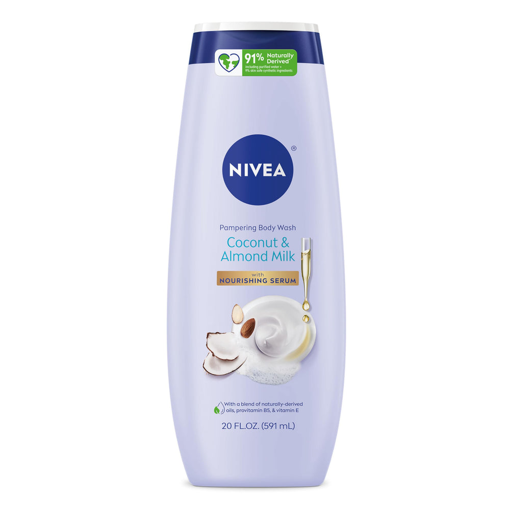 NIVEA: botella del gel de ducha coco y leche de almendra en primer plano, hidratación suave.