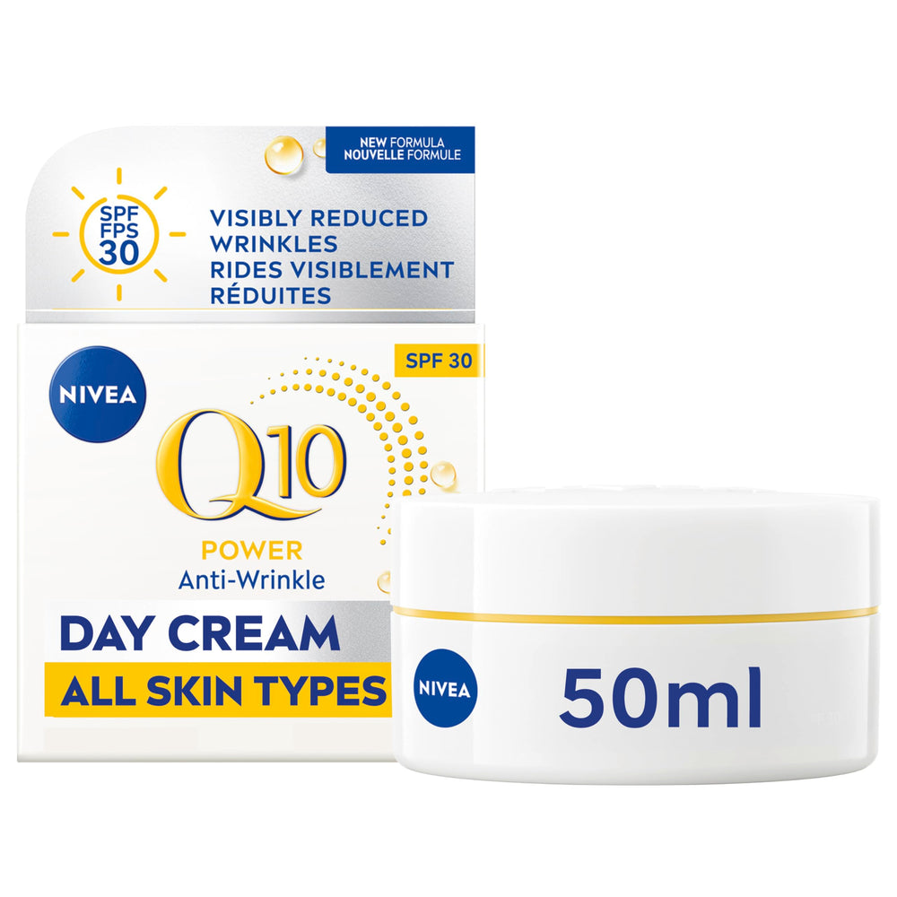NIVEA Q10 Plus crema día SPF30 en bote, hidratación diaria y protección.