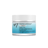 No7 HydraLuminous+ en frasco, hidratación nocturna profunda.