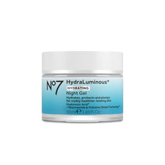 No7 HydraLuminous+ en frasco, hidratación nocturna profunda.