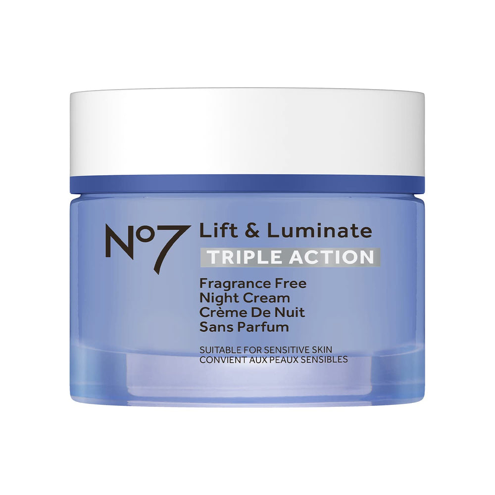 No7 Lift and Luminate, crema nocturna sin fragancia en envase de 50 ml para hidratación profunda.