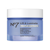 No7 Lift and Luminate, crema nocturna sin fragancia en envase de 50 ml para hidratación profunda.