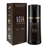 Nova Shampoo dark-brown bottle-front showing color option for at-home gray coverage.