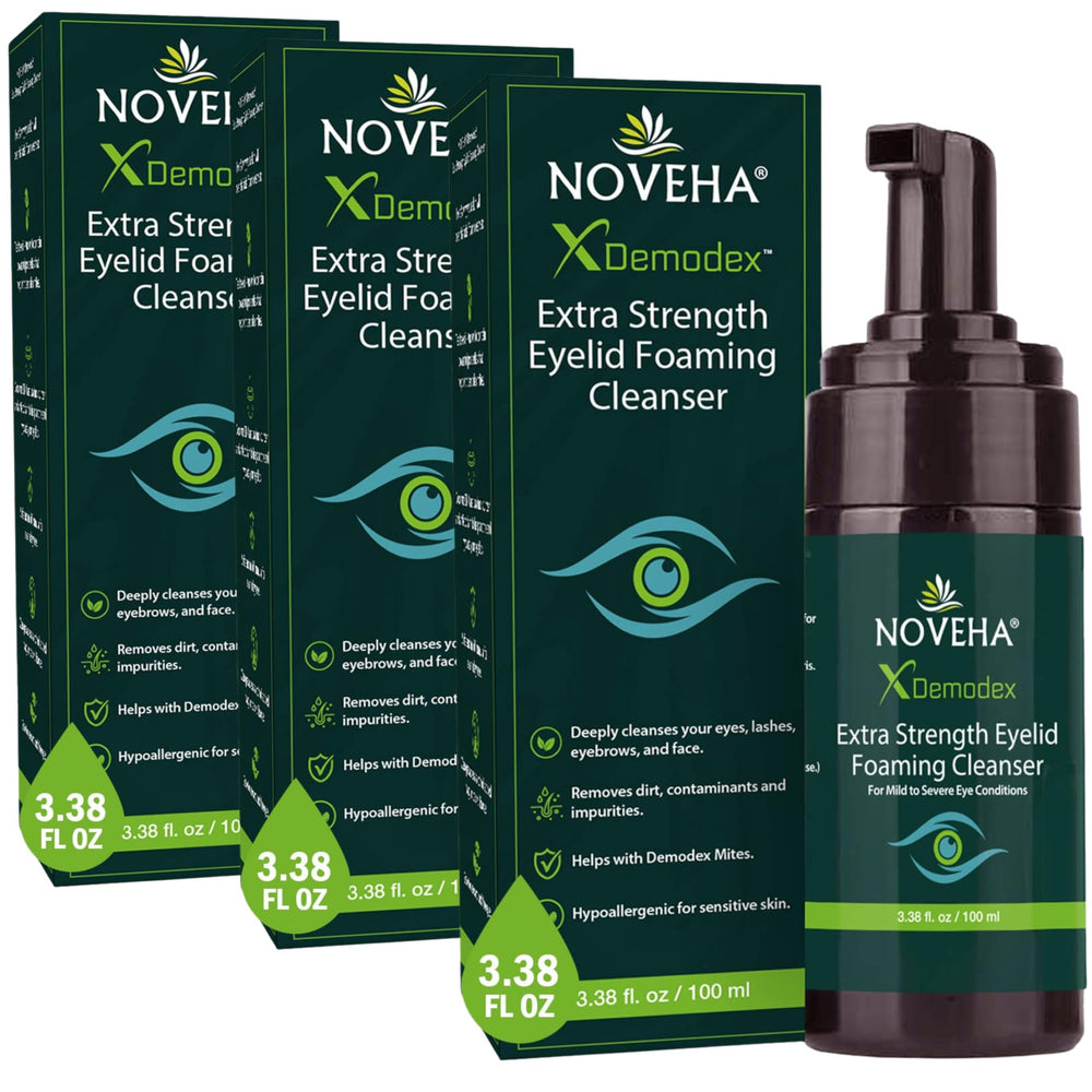 NOVEHA Demodex: botella espumosa para limpieza suave de parpados y pestañas.