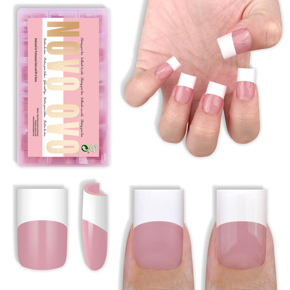 Uñas NOVO OVO French tip blanco ancho cuadrado para manicura rápida y elegante.