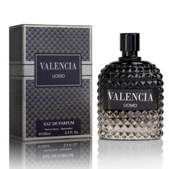 NovoGlow Valencia UOMO frasco frente, diseño elegante para uso diario.