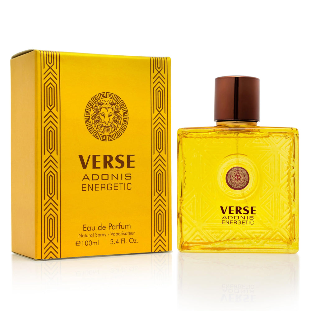 Verse Adonis Energetic de NovoGlow en botella frontal, fragancia duradera para todo el día