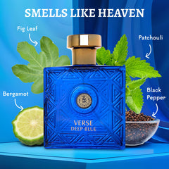 Vista frontal de NovoGlow Verse Deep Blue, aroma fresco para días activos y sociales.