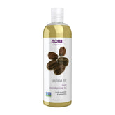 NOW Foods Aceite de jojoba: botella derramando, para uso facial ligero y nutritivo