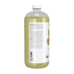 NOW Foods Sweet Almond Oil label close-up, pure moisturizer for the body
