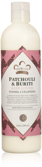 Nubian Heritage loción corporal en botella con karité y rosa mosqueta, aroma Patchouli Buriti