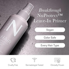 NuProtect spray mist shown for detangling and frizz control during styling.
