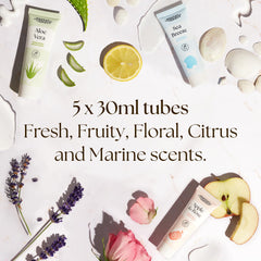 Cinco aromas de Nurture by Nature Botanicals para manos, experiencia sensorial