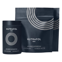 Nutrafol Hombre, botella de suplemento para cabello más lleno y saludable.