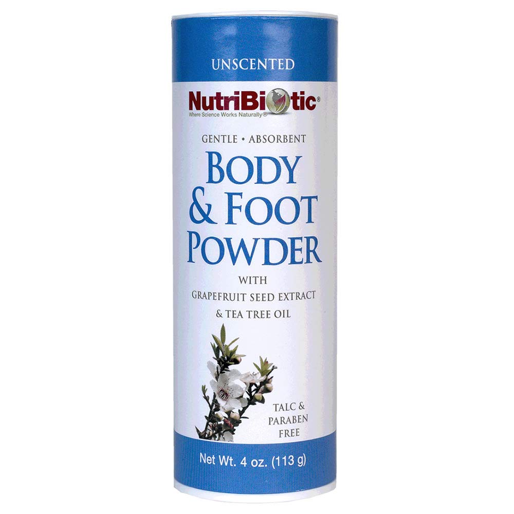 Polvo NutriBiotic para cuerpo y pies sin talco, absorbe humedad diaria.