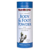 Polvo NutriBiotic para cuerpo y pies sin talco, absorbe humedad diaria.