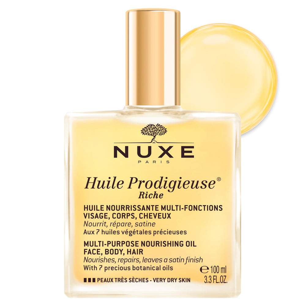 Nuxe Huile Prodigieuse Riche : flacon élégant prêt pour hydrater rapidement.