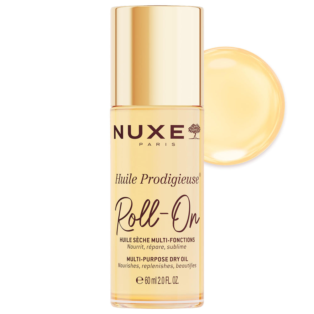 Nuxe Huile Prodigieuse Rodillo, aplicación rápida para rostro, cuerpo y cabello, brillo suave.