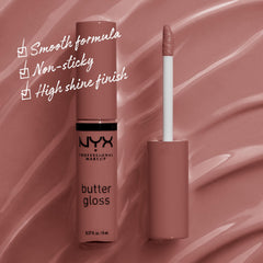 NYX Butter Gloss Brown Sugar, tono marrón-mauve, brillo suave para look natural