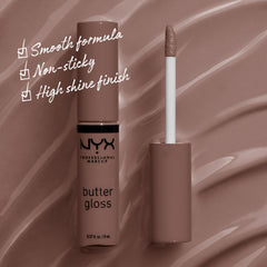 NYX Butter Gloss Brown Sugar en tono caramelo para labios.