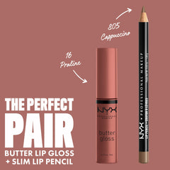 Envase compacto de NYX Butter Gloss Praline, práctico para llevar en el bolso.