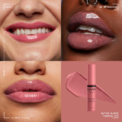 NYX Butter Gloss Tiramisu, brillo duradero sin resecar los labios.