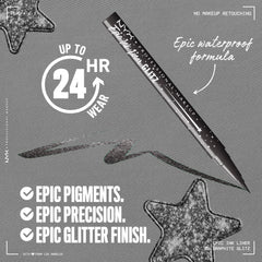 NYX Epic Ink Glitz delineador Graphite Glitz, acabado metálico resistente al agua para climas húmedos.